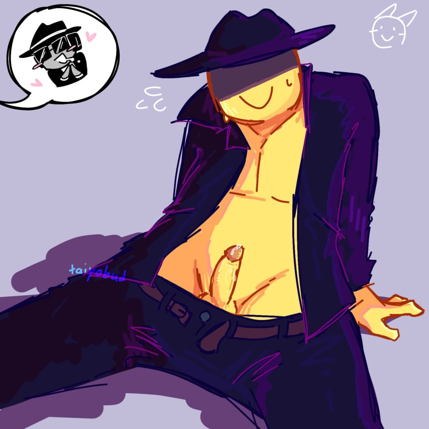 2d chance_(forsaken) clothed dream_game forsaken_(roblox) gay leaking_precum mafioso_(dream_game) male male/male male_only penis penis_out precum presenting roblox roblox_game robloxian simple_background simple_shading spread_legs submissive submissive_male sweat yellow_body