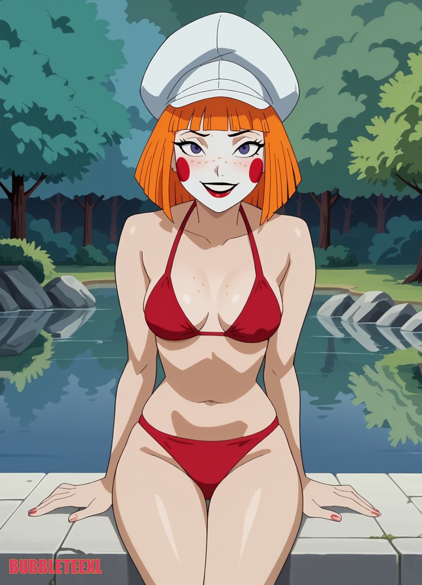 1girls ai_assisted ai_generated batman_(series) batman_beyond batman_beyond:_return_of_the_joker bikini cartoon clown_makeup dc dcau dee_dee deedee orange_hair red_bikini swimsuit