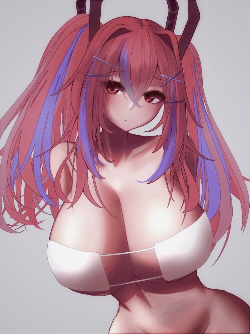 1girls azur_lane bangs bikini bikini_top bikini_top_only blue_hair blush blush breasts breasts_bigger_than_head bremerton_(azur_lane) cleavage curvy curvy_female curvy_figure eyepatch_bikini female female_only grey_background hair_between_eyes hair_ornament huge_breasts large_breasts metae midriff multicolored_hair navel out_of_frame_censoring pink_hair red_eyes simple_background solo streaked_hair twintails wide_hips x_hair_ornament