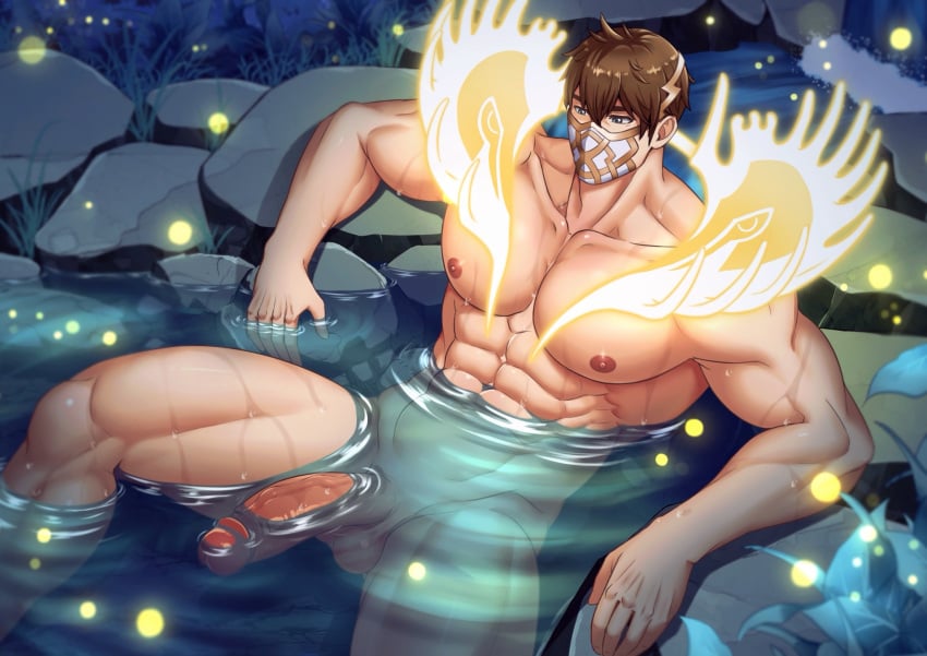 1boy abs antlers bara brown_hair commentary completely_nude eikthyrnir_(fire_emblem) fire_emblem fire_emblem_heroes glowing_antlers highres horns huge_cock large_pectorals male_focus mask mouth_mask muscular muscular_male nipples nude partially_submerged pectorals penis rock short_hair solo taiyoubara testicles thick_thighs thighs uncensored variant_set water wet