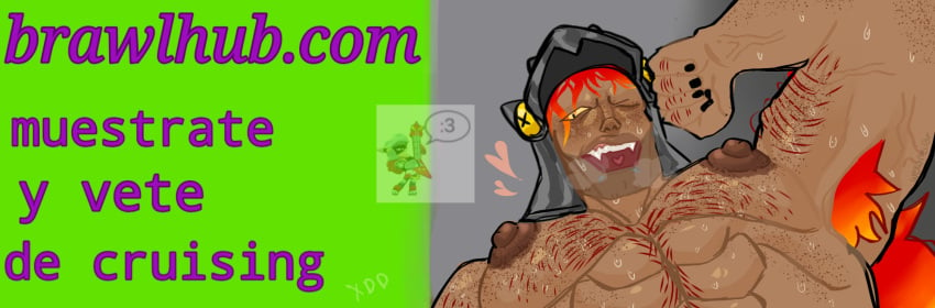 bara big_chest big_nipples brawl_stars draco_(brawl_stars) fire_hair fit_male gay gray_background green_background hairy hairy_armpits hairy_chest hairy_male helmet latino muscular muscular_male sweat sweating tan_body tan_skin wekoneitor winking_at_viewer yellow_eyes