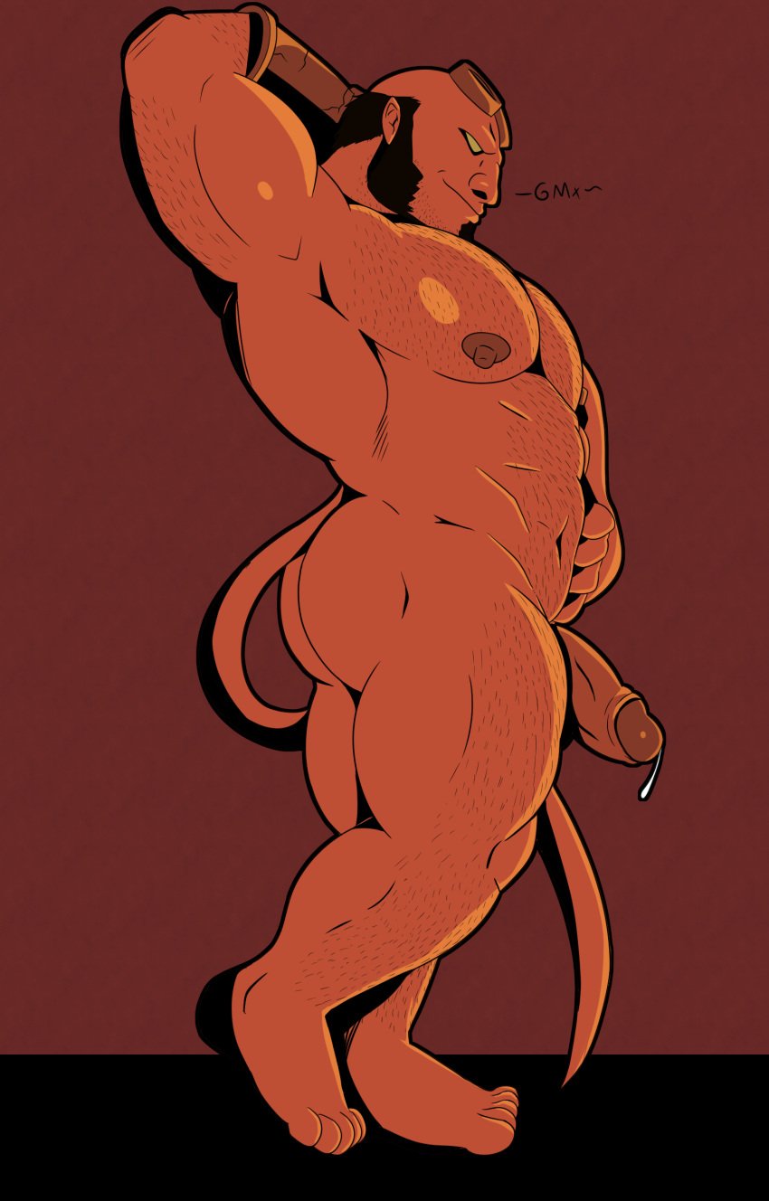 balls bara body_hair boner demon erection facial_hair gendomx hellboy hellboy_(series) male male_only muscles muscular nude penis sideburns solo solo_male