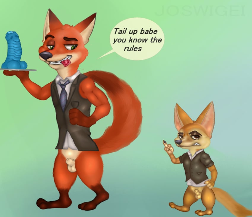 2boys animal_genitalia balls bottomless canine clothing condom dildo disney erection fennec finnick fox gay joswigei male male_only mammal necktie nick_wilde penis sex_toy sheath shirt speech_bubble text waiter yaoi zootopia