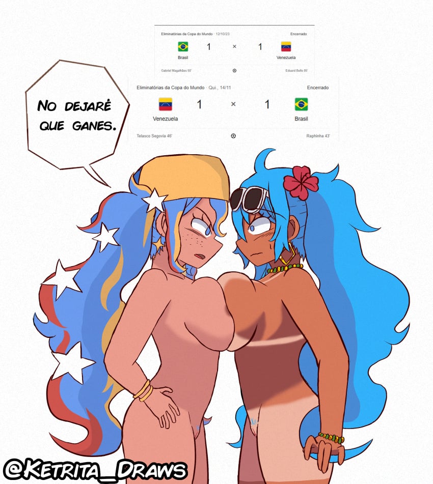 2girls angry angry_expression angry_face ass big_breasts blush bracelet bracelets brazilian brazilian_female brazilian_miku breast_on_breasts breast_press breast_to_breast breasts completely_naked completely_naked_female completely_nude completely_nude_female cyan_eyes cyan_hair docking freckles freckles_on_face hand_on_hip hat hatsune_miku jewelry ketrita latina looking_at_another naked necklace nude only_female pussy pussy_hair scared scared_expression selfcest spanish_text staredown staring stars_in_hair sunglasses_on_head symmetrical_docking tan_body tan_skin tanline tanned_female tanned_skin text twintails venezuela venezuelan venezuelan_miku vocaloid