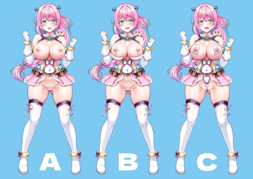 aigan_tenshi_cheery_pink ass_visible_through_thighs bare_shoulders big_breasts blue_background blue_eyes blush boots breasts center_opening cheery_pink cleavage cleavage_cutout clothing_cutout covered_navel dress elbow_gloves female food frontal_wedgie fruit full_body gloves heart_pasties highres huge_breasts large_breasts legs_apart leotard long_hair looking_at_viewer micro_panties miniskirt nipple_chain nipple_cutout nipples open_mouth panties partially_visible_vulva pasties peach pink_hair pink_panties pink_ribbon pink_skirt pleated_skirt puffy_nipples pussy reference_sheet ribbon skindentation skirt sleeveless sleeveless_dress solo standing striped_clothes striped_panties thigh_boots thighhighs thong translation_request underwear upskirt v-mag variations wedgie white_gloves white_thighhighs wind wind_lift