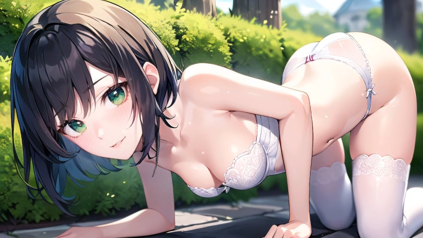 17_studio 2023 ai_generated bent_over black_hair bra breasts bushes green_eyes hentai_project hitomi_(hentai_project) legwear lingerie medium_breasts on_fours on_knees panties park short_hair smile tagme