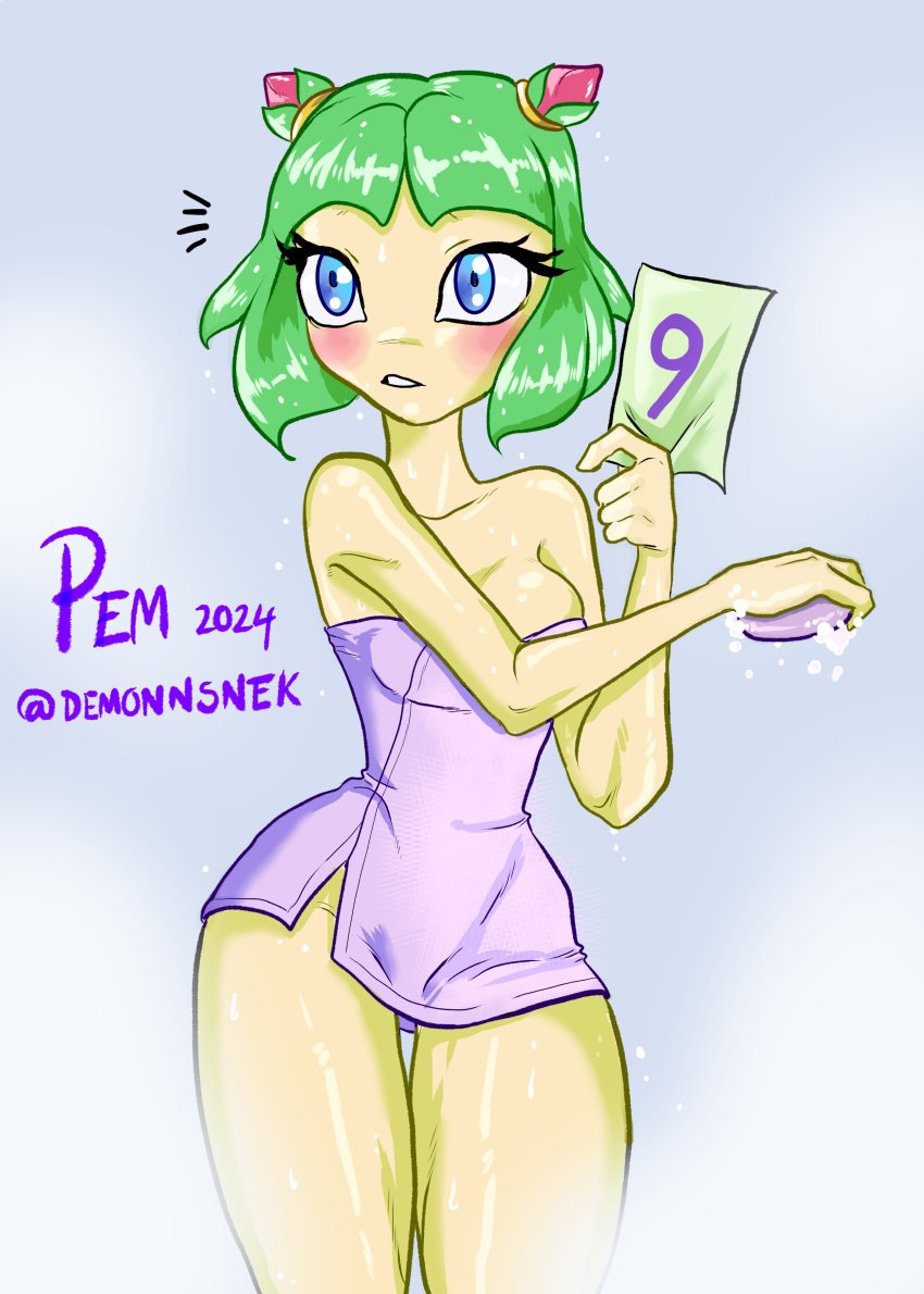 2020s 2024 big_eyes blue_eyes blush cosmo_the_seedrian demonnsnek digital_art digital_drawing_(artwork) digital_media_(artwork) digital_painting_(artwork) green_hair green_skin open_mouth pin_up plant plant_girl shiny_skin short_hair shower showering slim_waist small_breasts soap soap_bubbles sonic_(series) sonic_the_hedgehog_(series) sonic_x steam surprised surprised_expression towel towel_only wet wet_body wide_hips