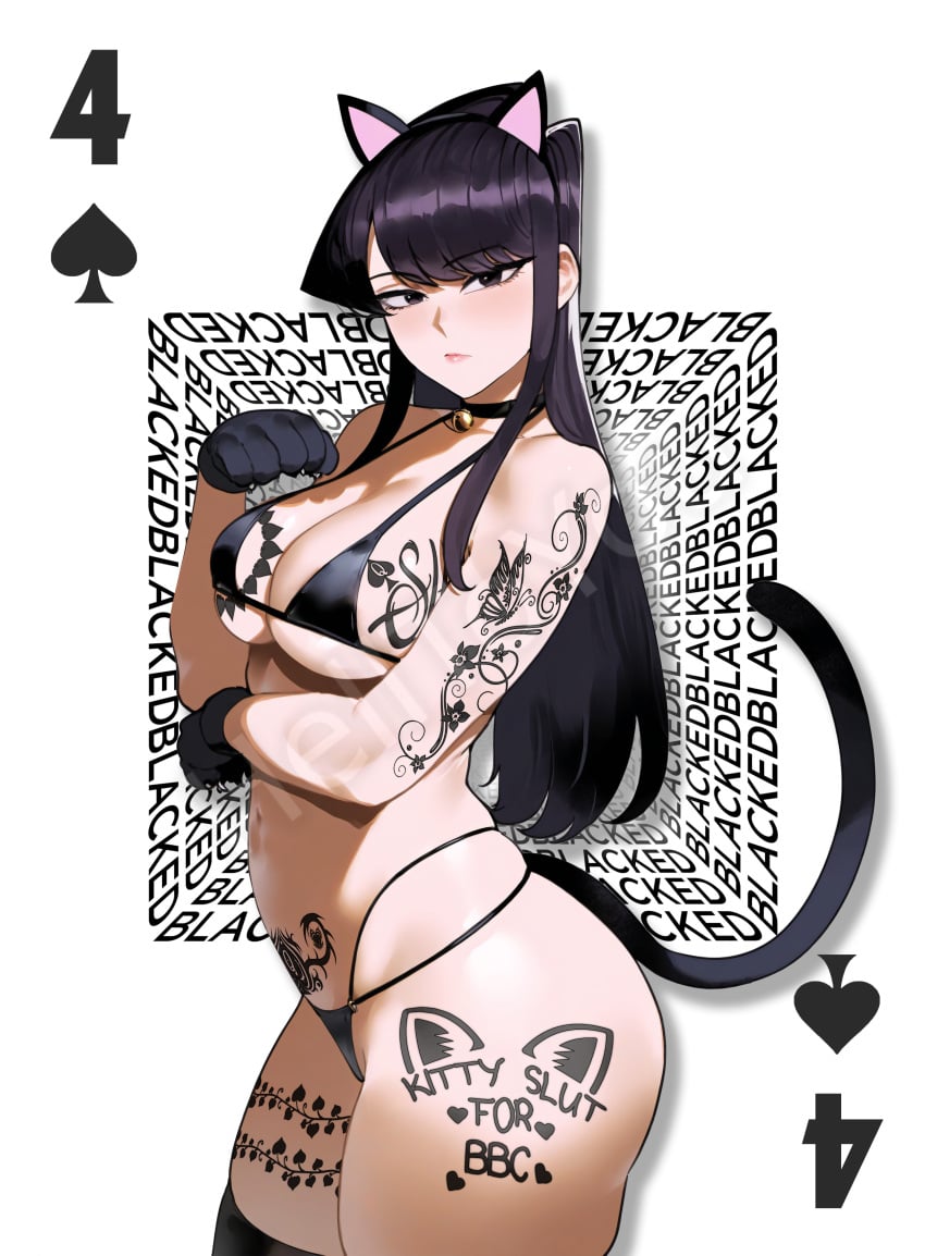 ai_generated bikini black_hair blacked blacked_tattoo cat_ears cat_tail catgirl female female_only helltoyou komi-san_wa_komyushou_desu komi_shouko light-skinned_female light_skin poker_cards queen_of_spades tattoo