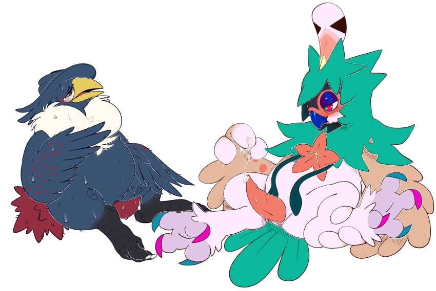 2boys alpha_channel avian bird blush decidueye duo erection flat_colors holding_legs honchkrow male male_only mute-owl nintendo owl penis pokemon pokemon_dppt pokemon_sm precum precum_string reclining semi-anthro simple_background spread_legs spreading sweat tapering_penis transparent_background video_games