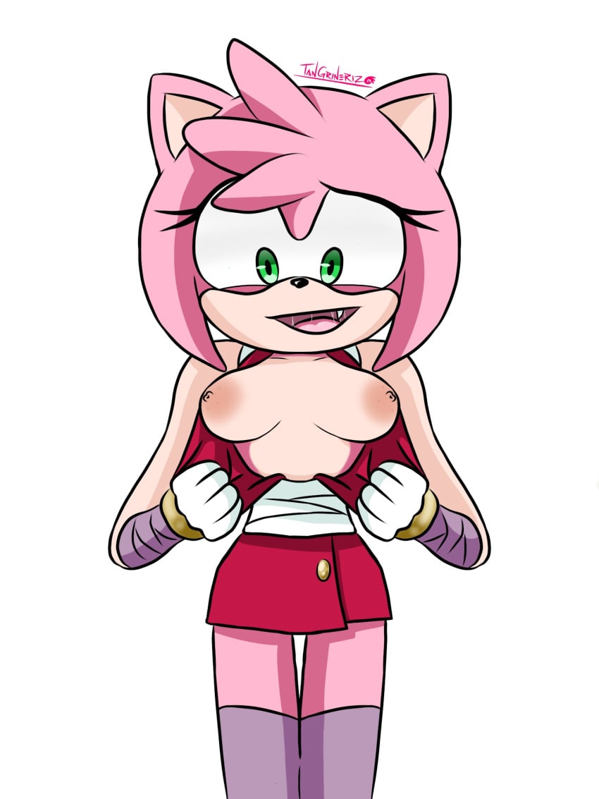 amy_rose amy_rose_(boom) breasts green_eyes nipples nipples_outside sonic_(series) sonic_boom thigh-high tits_out