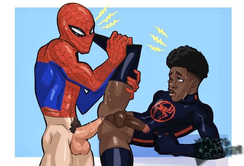 2boys cock dick gay gay_domination gay_sex male male/male male_only male_penetrating male_penetrating_male marvel marvel_comics meatgoblin miles_morales_(spider-verse) nsfw penis spider-man spider-man_(series) watermark yaoi