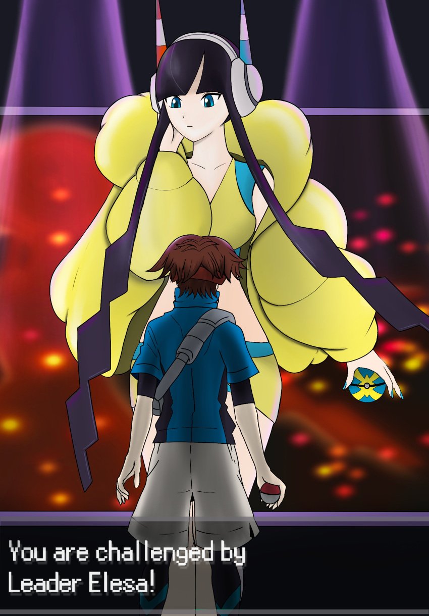 1boy 1girls bigger_female black_body black_hair_female blue_eyes brown_hair brown_hair_male clothed clothed_female clothed_male elesa_(pokemon) elesa_(pokemon_bw2) female female_focus gym_leader height_difference hugsizeable larger_female male nate_(pokemon) nintendo pokemon pokemon_bw pokemon_bw2 pokemon_trainer shorter_male size_difference smaller_male