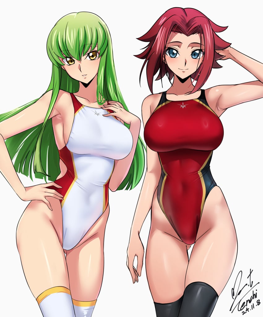 2girls big_breasts c.c. code_geass duo female kallen_stadtfeld swimsuit thighhighs thighs yoo_tenchi