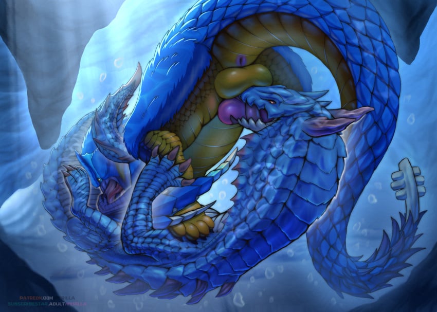 anus aquatic_dragon balls black_claws blue_body blue_fur blue_scales capcom claws dragon duo feral ferilla flying_wyvern fur genitals hi_res knot lagiacrus leviathan_(mh) male male/male marine monster_hunter mythological_creature mythological_scalie mythology nargacuga oral oral_penetration penetration penis purple_anus purple_knot purple_penis scales scalie yellow_balls yellow_body yellow_scales