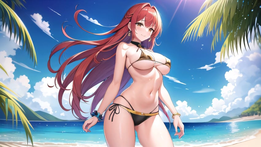 17_studio 2023 ai_generated beach big_breasts breasts clouds earrings ema_(hentai_project) hentai_project long_hair red_hair sky smile standing swimsuit tagme water