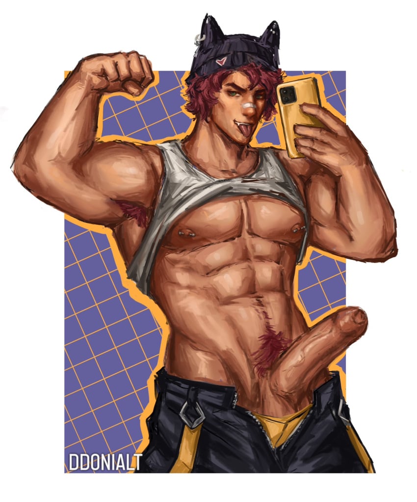1boy ddonialt digital_media_(artwork) flexing foreskin gay gay_male heartsteel_series heartsteel_sett league_of_legends male male_only nipple_piercing pants_down penis pubic_hair riot_games selfie selfie_pose sett shirt_lift solo tank_top tongue_out uncircumcised uncut video_games