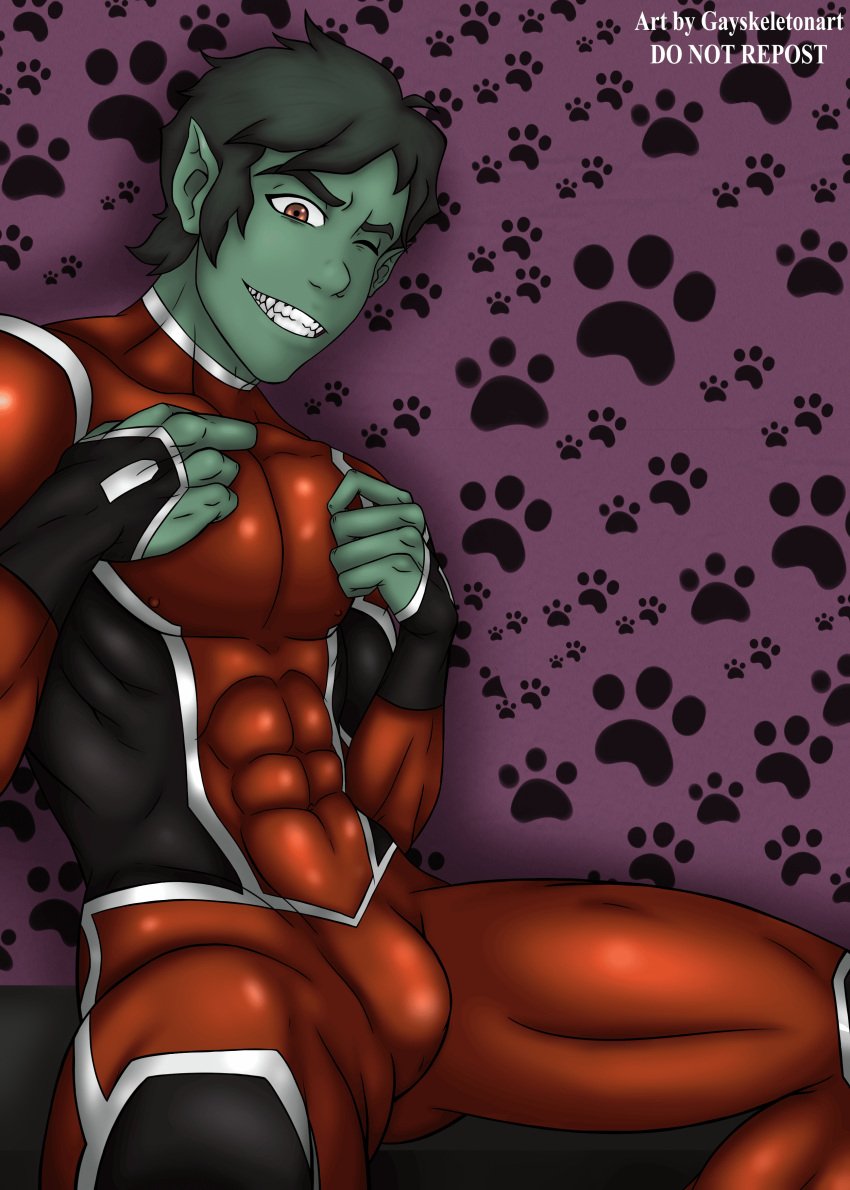 abs beast_boy beast_boy_(dcamu) gay green_hair green_skin justice_league_vs_teen_titans nsfw