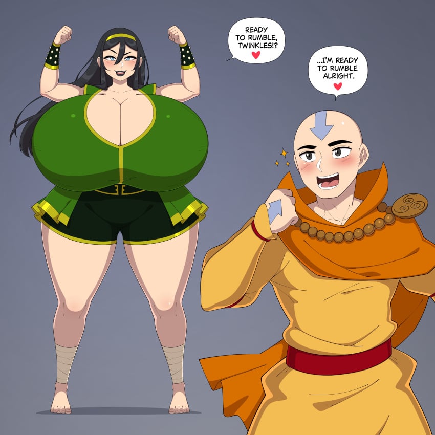 1boy 1girls aang air_nomad airbender_tattoo avatar_legends avatar_the_last_airbender big_breasts breasts deztyle earth_kingdom english_text female lookmanilikeit1 male nickelodeon nicktoons solo_female speech_bubble text text_bubble the_avatar toph_bei_fong twitter_link