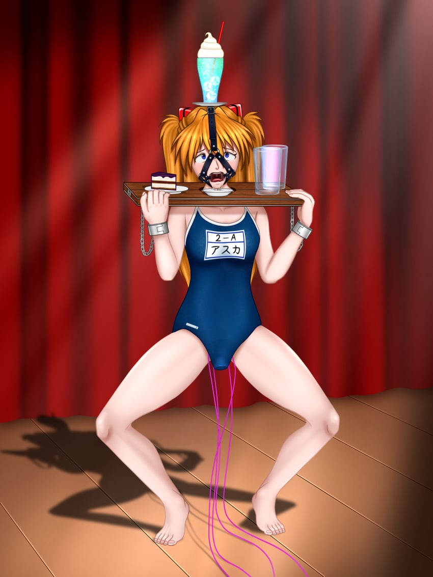 asuka_langley_sohryu balancing bondage cake drool drooling game harness_gag harness_ring_gag neon_genesis_evangelion on_stage parallel ring_gag school_swimsuit stocks vibrator vibrator_under_clothes