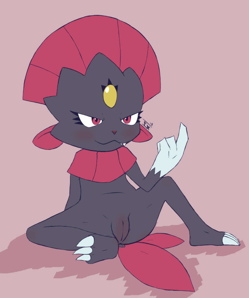 anthro blush claws fangs feathers female gem hi_res mammal nintendo nude perfectlynormal pokemon presenting presenting_pussy pussy red_eyes simple_background sitting smile solo teeth toe_claws video_games weavile