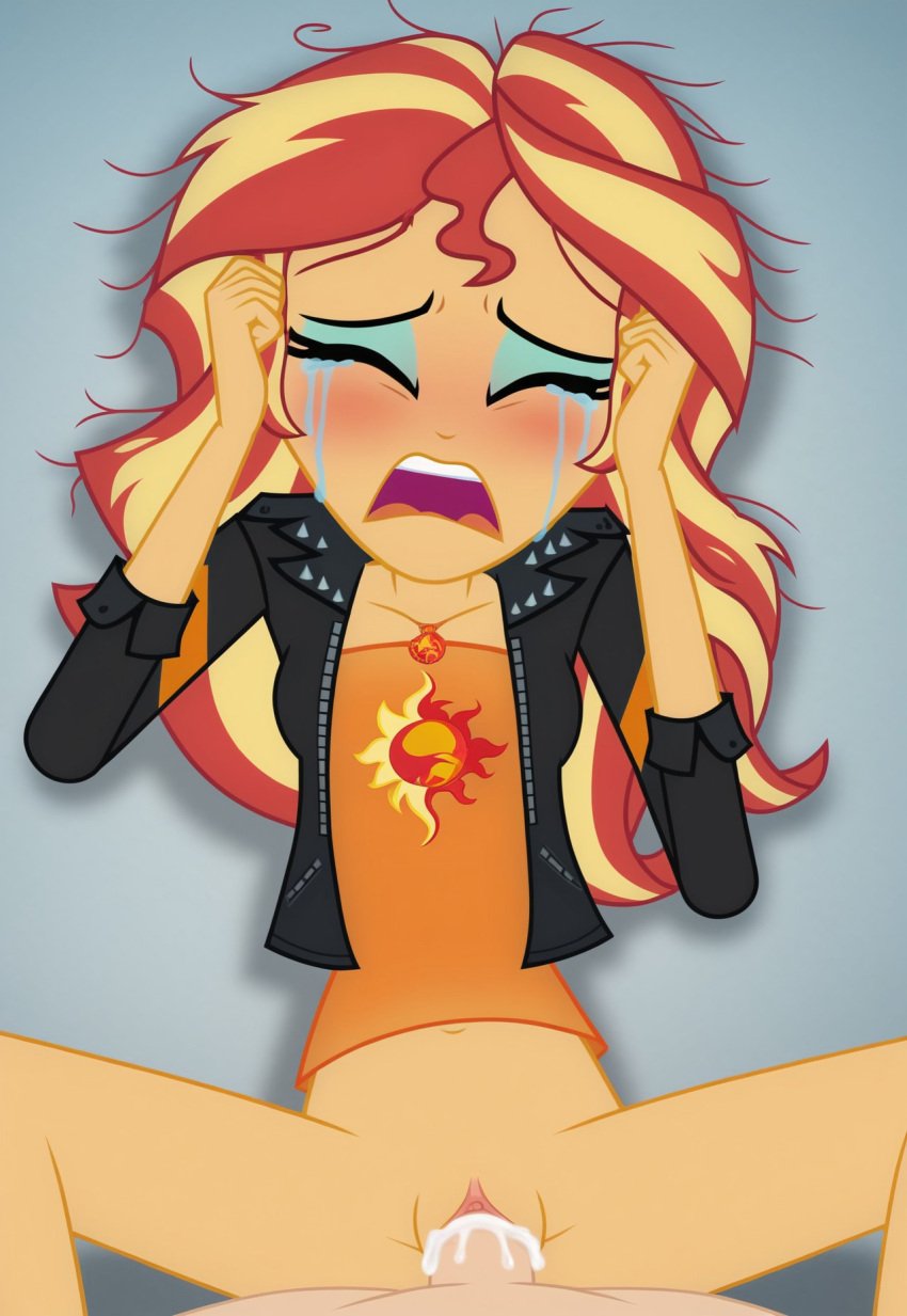 ai_generated blush bottomless closed_eyes clothed_sex clothing crying cum cum_in_pussy equestria_girls female female_focus forced human jacket leather_jacket lying messy_hair missionary missionary_position my_little_pony offscreen_character offscreen_male open_mouth penis pov rape sex show_accurate sunset_shimmer tears