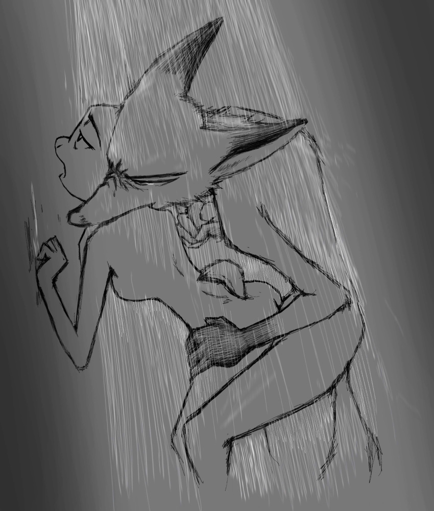 2016 anthro bite black_and_white breasts canine disney duo ear_grab ear_pull female fox from_behind_position greyscale hi_res judy_hopps lagomorph looking_pleasured male mammal monochrome neck_bite nick_wilde nude predator/prey rabbit sex shower simple_background sketch small_breasts straight thewyvernsweaver water wet zootopia