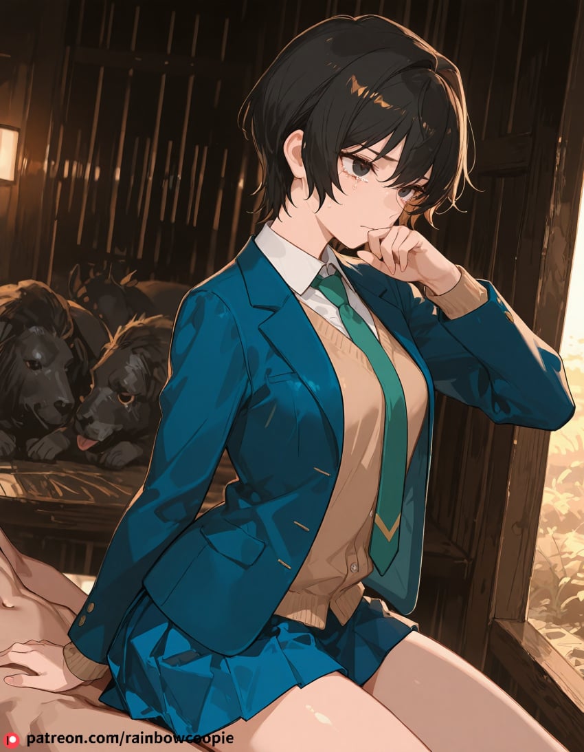 1boy ai_generated beautfiul_background black_eye black_hair blazer blue_skirt green_necktie jacket necktie pleated_skirt reverse_cowgirl_sex_position school_uniform sera_masumi short_hair skirt small_breasts stunning_backgroud wiping_tears zoo