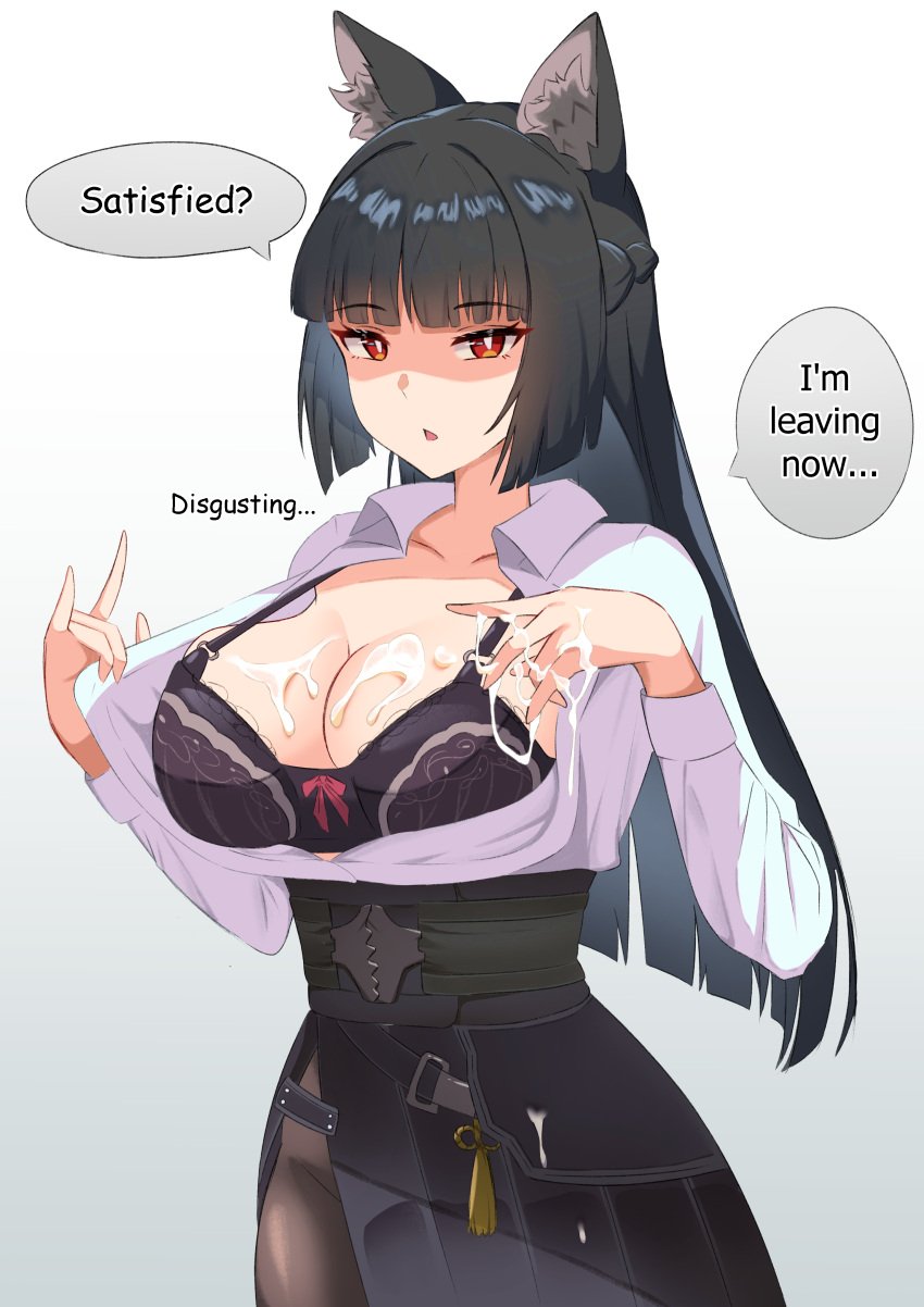 1girls animal_ears anthro bernardo747 black_hair bra breasts cum cum_on_body cum_on_breasts disgusted english_text hoshimi_miyabi looking_at_viewer red_eyes talking_to_viewer text_bubble zenless_zone_zero