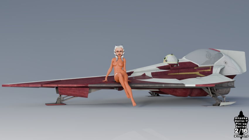 ahsoka_tano alien alien_girl astromech_droid barefoot breasts clone_wars completely_nude dc15-a female female_only jedi jedi_padawan looking_at_viewer naked nipples orange_body orange_skin pinup pinup_(style) pinup_art pinup_pose pinupgirl simple_background sitting spaceship star_wars togruta