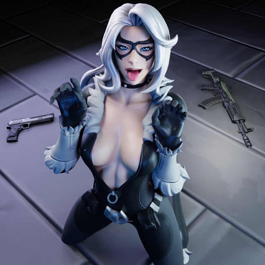 areola_slip black_cat_(fortnite) black_cat_(marvel) breasts_out choker claw_pose clothed clothed_female clothing female female_only fortnite fully_clothed fully_clothed_female kfc_(artist) looking_at_viewer marvel mask masked masked_female open_clothes open_clothing open_mouth open_mouth shiny shiny_skin solo solo_female spider-man_(series) tongue tongue_out