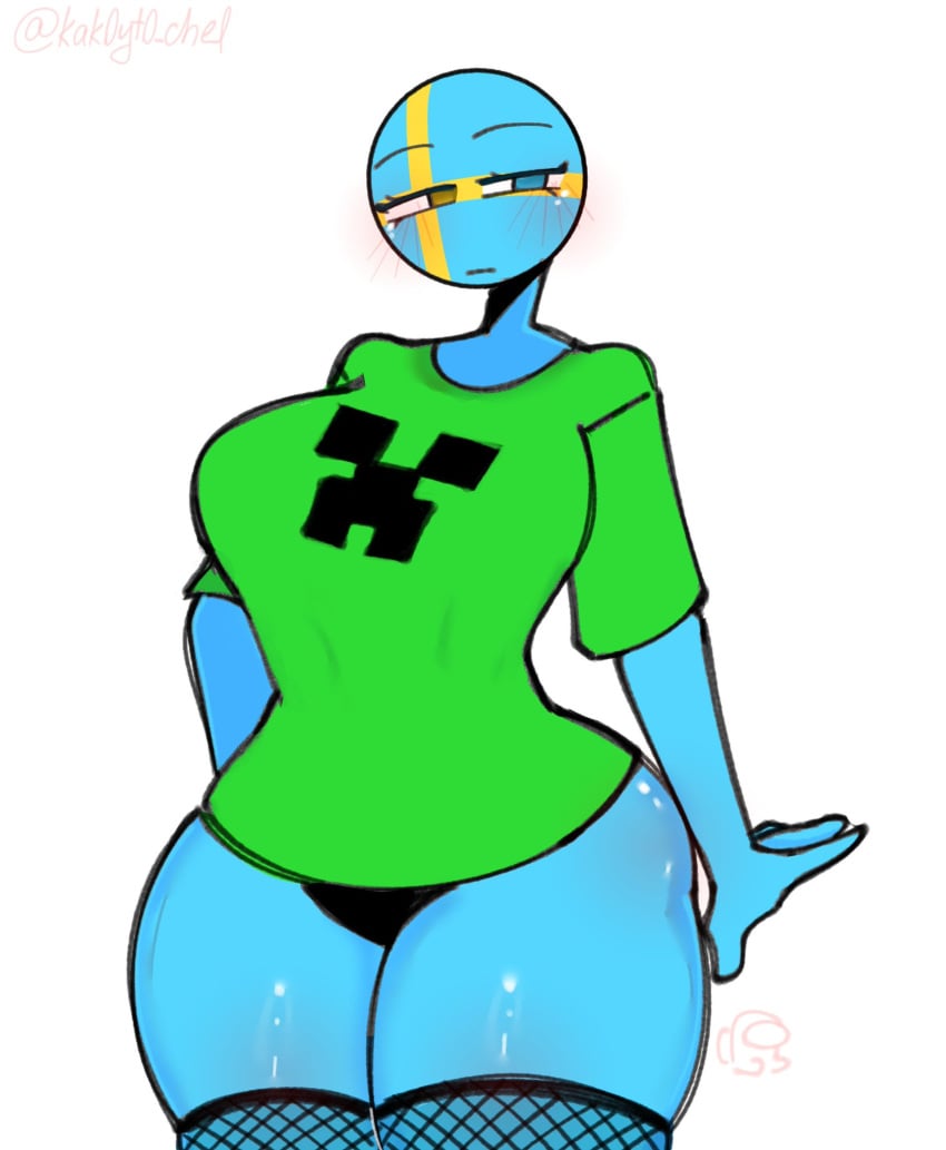 1female 1girls 1woman artist_name artist_signature big_ass big_breasts big_butt big_hips big_thighs black_panties blue_body blue_skin countryhumans countryhumans_girl creeper creeper_(minecraft) creeper_t-shirt female female_focus female_only fishnet_legwear green_t-shirt heterochromia huge_ass huge_butt huge_hips huge_thighs kak0yt0_chel looking_at_viewer minecraft panties simple_background sketch source sweden_(countryhumans) t-shirt twitter_link twitter_username white_background wide_hips wide_thighs