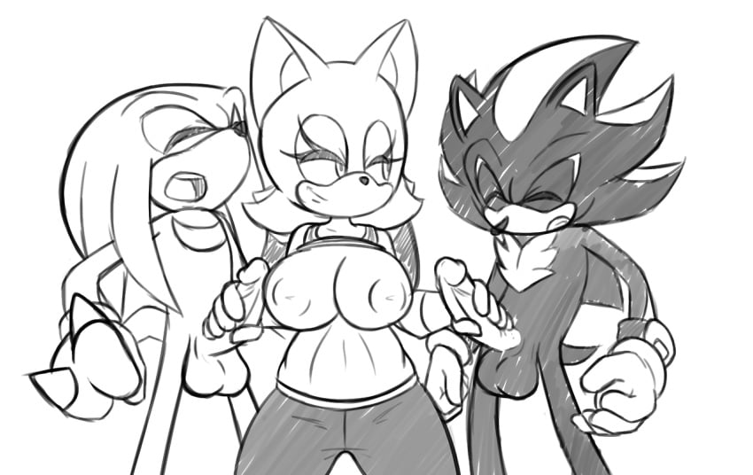 bat big_breasts breasts breasts_exposed clothed clothing double_handjob echidna handjob hedgehog knuckles_the_echidna lagomorph mammal monotreme penis rouge_the_bat rouge_the_rider sandunky sex shadow_the_hedgehog sonic_(series) sonic_riders sonic_the_hedgehog_(series) topless