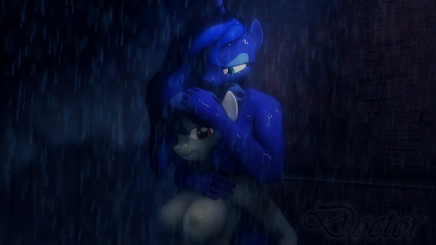 16:9 3d_(artwork) anthro areola breasts digital_media_(artwork) doctor-sfm duo equid fan_character female friendship_is_magic hasbro hi_res horn mammal my_little_pony nipples princess_luna_(mlp) smile watermark wet wet_body widescreen