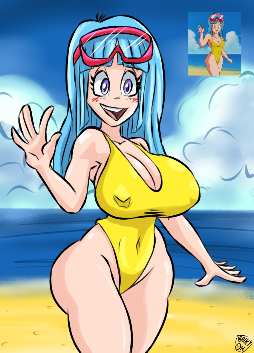 blue_hair blush blush dragon_ball female female_only long_hair maikyoh maron one_piece_swimsuit purple_eyes redraw reference_image screencap tagme wide_hips