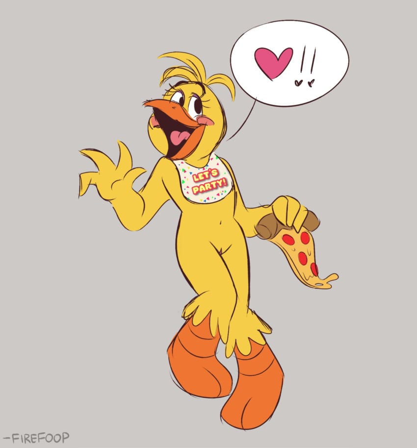 accurate_art_style anthro anthropomorphic artist_name beak belly_button bib chicken chicken_girl cute edit edited edited_image english_text exclamation_mark eyebrows eyelashes feet female female_only firefoop five_nights_at_freddy&#039;s five_nights_at_freddy&#039;s_2 fnaf fnaf2 furry heart holding_object holding_pizza hot ibispaintx looking_up no_panties no_pants open_mouth pepperoni_pizza pink_pussy pizza pose posing posing_for_picture pussy scottgames simple_background simple_coloring sketch solo steel_wool_studios tongue toy_chica_(fnaf) twitter_link vagina vulva yellow_fur zanii