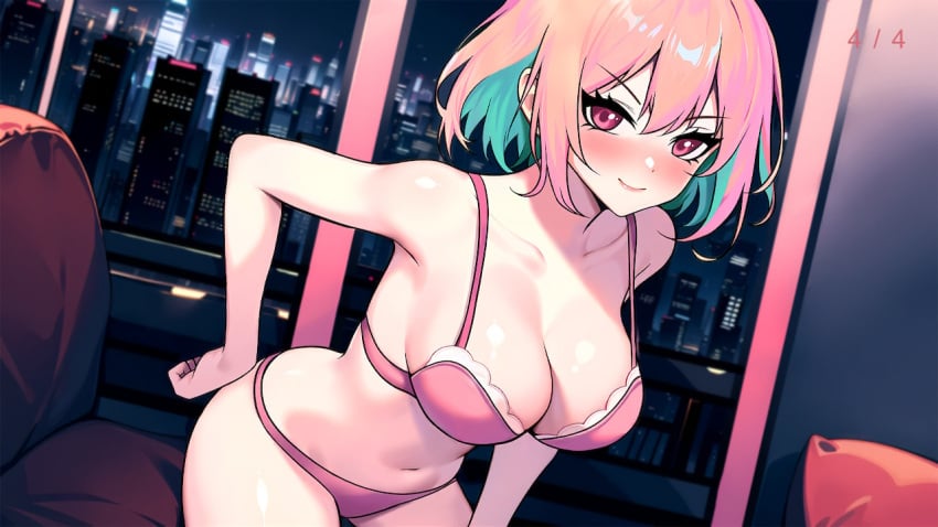 2020s 2024 ai_generated big_breasts blush bra breasts city_background couch etsuko_(hentai_girls) game_cg hentai_girls hot_&_hentai lingerie night official_art panties reddeer_games short_hair sky smile tagme