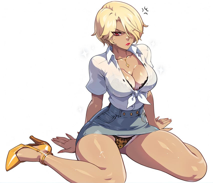 ai_generated ariels bracelet guilty_gear guilty_gear_strive gyaru mayihavesomeslops miniskirt tanline tanned tied_shirt tiger_print tiger_print_bikini