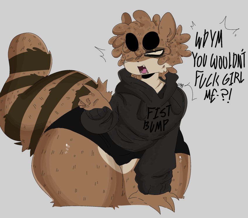 1boy dialog femboy furry furry_only hoodie male male_only one_eye_covered raccoon regular_show rigby_(regular_show) solo solo_male sweater text thick_thighs v4mp1333 wide_hips