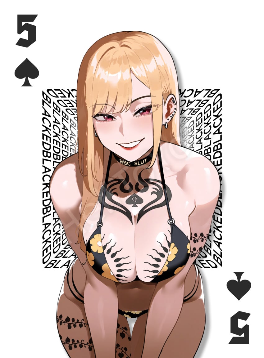 1girls ai_generated bikini blacked blonde_female blonde_hair female female_only helltoyou human kitagawa_marin piercing pink_eyes poker_cards queen_of_spades smile smiling solo sono_bisque_doll_wa_koi_wo_suru tattoo