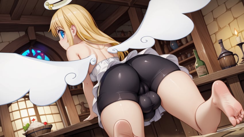 ai_generated angel_wings ball_bulge barefoot blonde_hair blue_eyes cameltoe crimvael from_behind full-package_futanari futanari halo ishuzoku_reviewers long_hair looking_back penis_bulge spandex_shorts white_dress