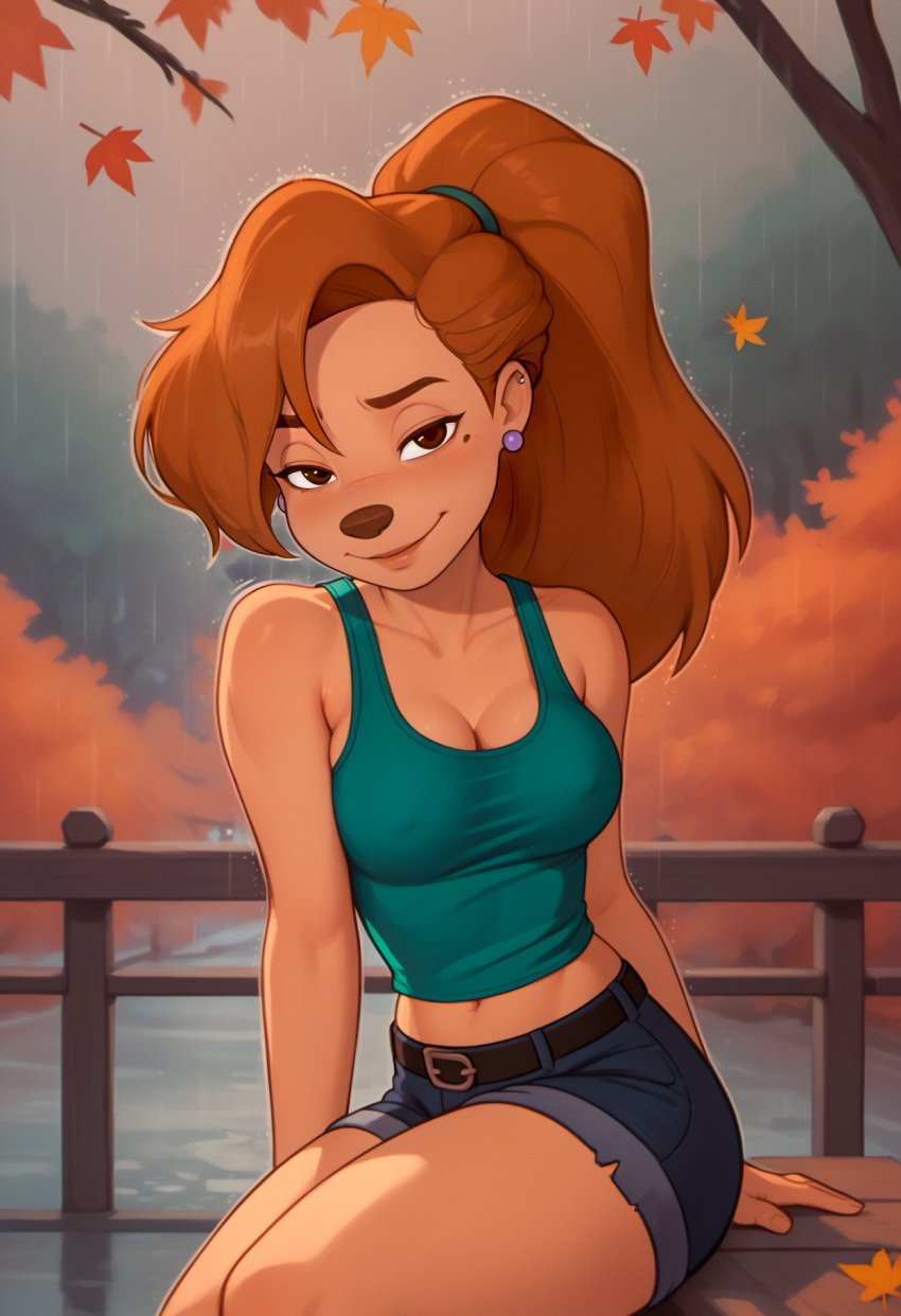 ai_generated disney jean_shorts jpeg looking_at_viewer ponytail rain roxanne_(goof_troop) seductive seductive_eyes seductive_look seductive_smile sippy69 solo solo_female tagme tank_top