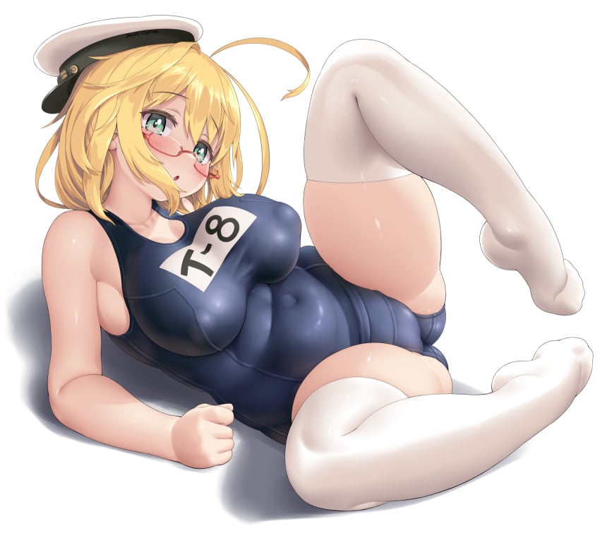 :o ahoge big_breasts blonde_hair blue_one-piece_swimsuit breasts cleavage collarbone covered_erect_nipples dd_(ijigendd) female glasses green_eyes hat highres i-8_(kantai_collection) kantai_collection large_breasts lying on_back one-piece_swimsuit red-framed_eyewear semi-rimless_eyewear short_hair simple_background solo swimsuit thighhighs under-rim_eyewear white_background white_hat white_thighhighs