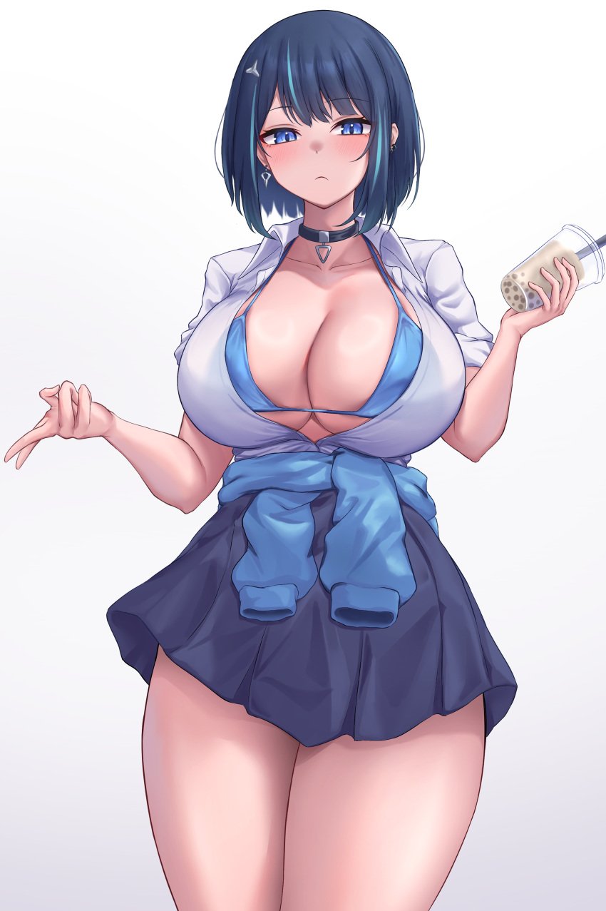 :( alternate_costume blue_bra blush bobba_tea choker cleavage drink evil_twin_lil-la exposed_bra gyaru half-closed_eyes holding_object huge_breasts jacket_around_waist neko_punch_(user_hddm3373) pleated_skirt skirt tea thighs yu-gi-oh!