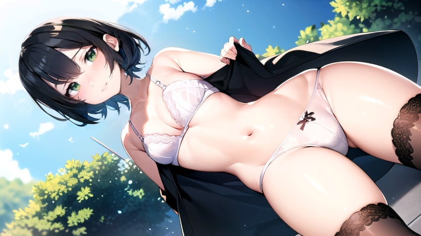 17_studio 2023 ai_generated black_hair blush bra breasts clouds dark_hair game_cg green_eyes hentai_project hitomi_(hentai_project) jacket legwear lingerie official_art panties park short_hair sky small_breasts standing stars tagme trees view_from_below