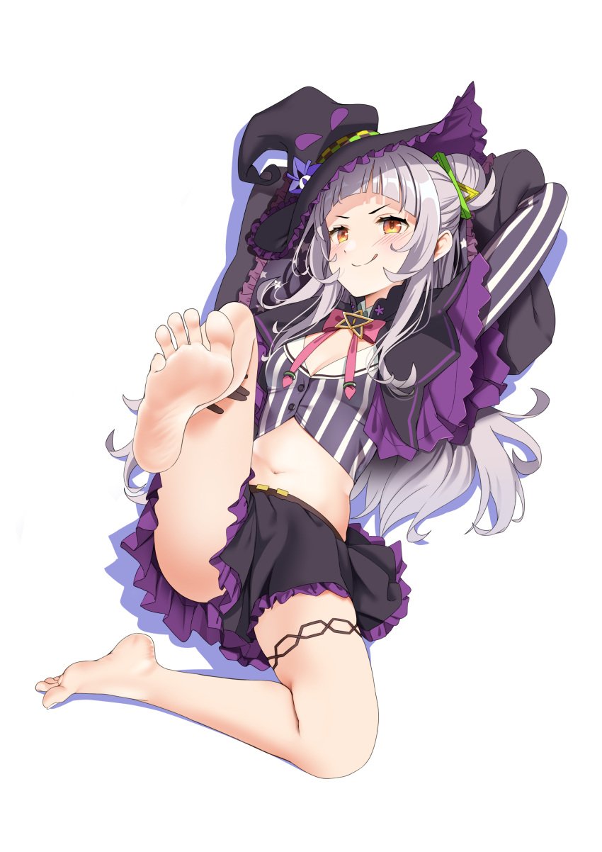 1girls :p belly_button blush bustier casino_(casinoep) feet feet_up hololive hololive_gen_2 hololive_japan light-skinned_female light_skin murasaki_shion orange_hair silver_hair skirt soles toes virtual_youtuber witch witch_hat