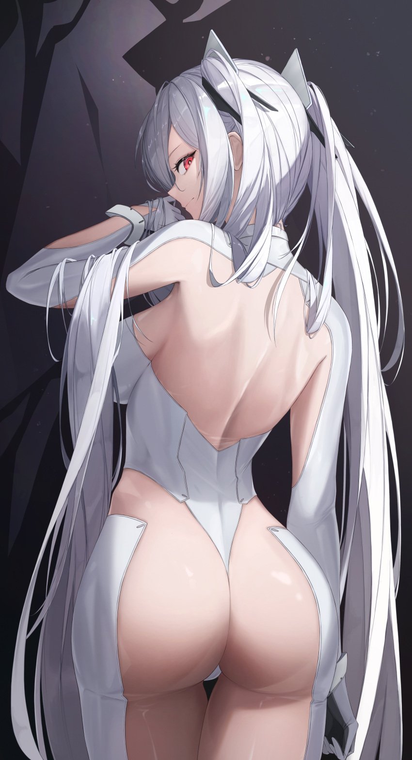 ass back bodysuit breasts cinderella_(nikke) closed_mouth female from_behind goddess_of_victory:_nikke grey_hair hand_up huge_ass impossible_bodysuit impossible_clothes large_breasts long_hair looking_at_viewer median_furrow red_eyes siyeong solo twintails very_long_hair white_bodysuit