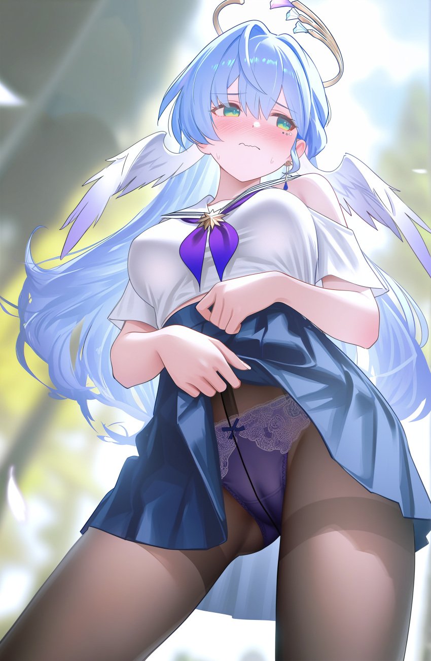 1girls ai_generated breasts cameltoe clothing embarrassed female flashing green_eyes honkai:_star_rail honkai_(series) mihoyo panties pantyhose purple_hair robin_(honkai:_star_rail) school_uniform skirt_lift solo tights underwear