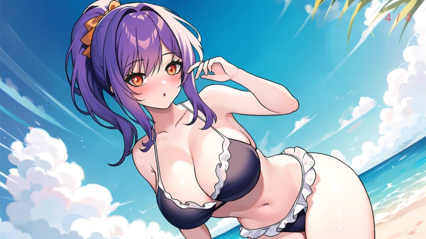 2024 beach big_breasts blue_hair blush breasts clouds game_cg green_eyes hentai_girls hot_&amp;_hentai official_art open_mouth pontail reddeer_games sky swimsuit tagme water yui_(hentai_girls)