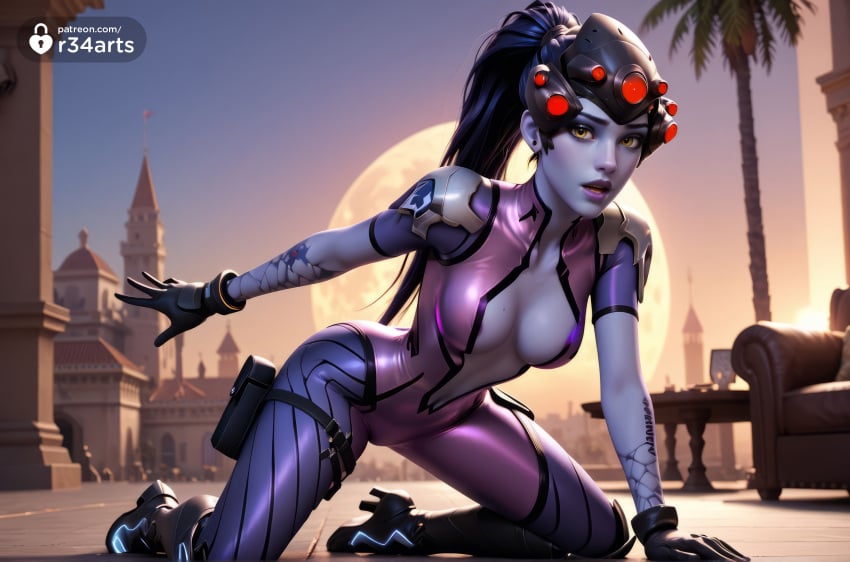 1girls ai_generated all_fours artist_name black_gloves blizzard_entertainment bodysuit boots breasts building center_opening cleavage colored_skin couch earrings gloves hair_pulled_back head-mounted_display hi_res high_heels jewelry kneeling lips lipstick long_hair looking_at_viewer makeup medium_breasts mole mole_on_breast overwatch overwatch_2 palm_tree parted_lips pink_bodysuit ponytail purple_hair purple_lips purple_skin r34arts skin_tight solo table tattoo thigh_holster tree widowmaker widowmaker_(overwatch) yellow_eyes