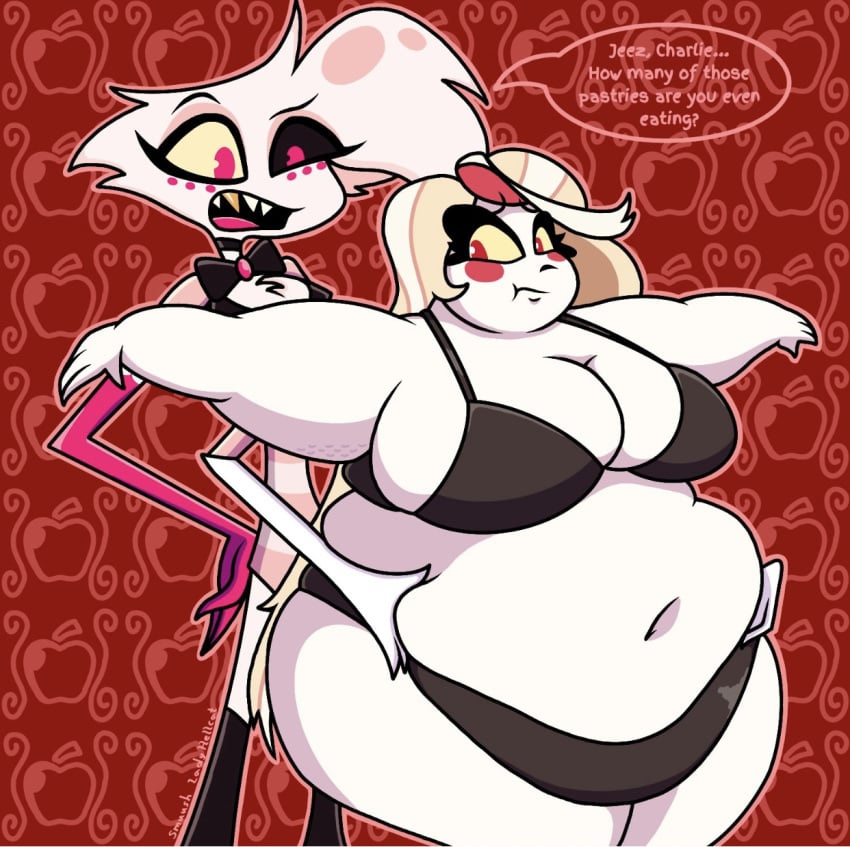 angel_dust_(hazbin_hotel) charlie_morningstar_(hazbin_hotel) fat_shaming hazbin_hotel huge_belly huge_hips morbidly_obese_female obese obese_female tagme tagme_(artist)